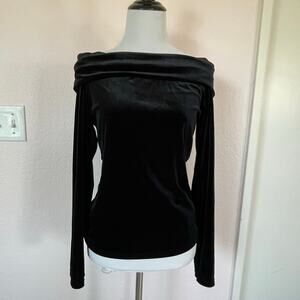 Promod Black Velvet Off Shoulder Top Made in France Minimal Chic Long Sleeve